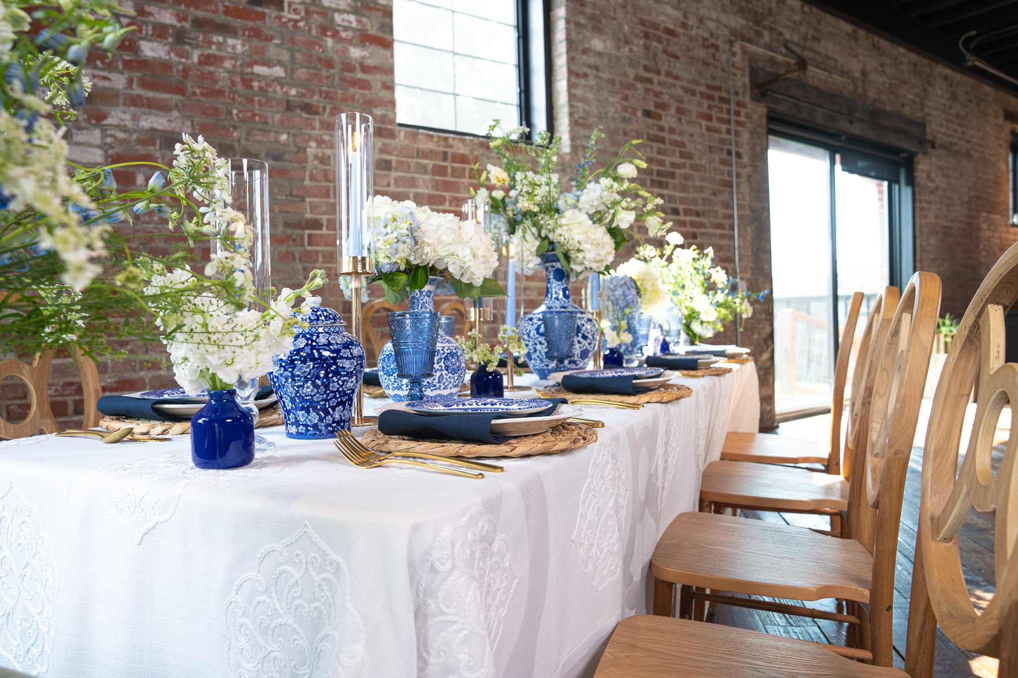 Blue and white tablescape with hydranges